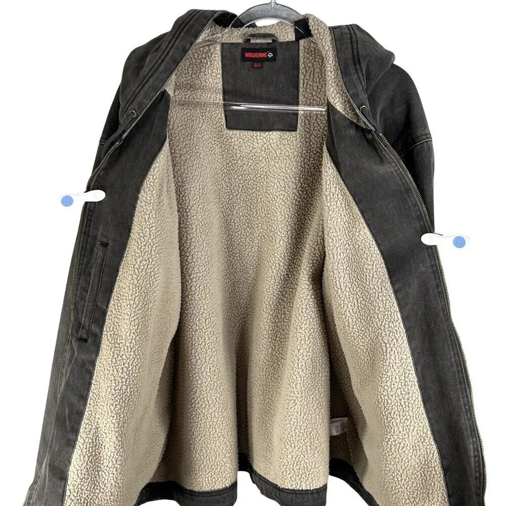 Wolverine Mens XXL Duck Hooded Full-Zip Chore Jacket Sherpa Lined Gray Outerwear